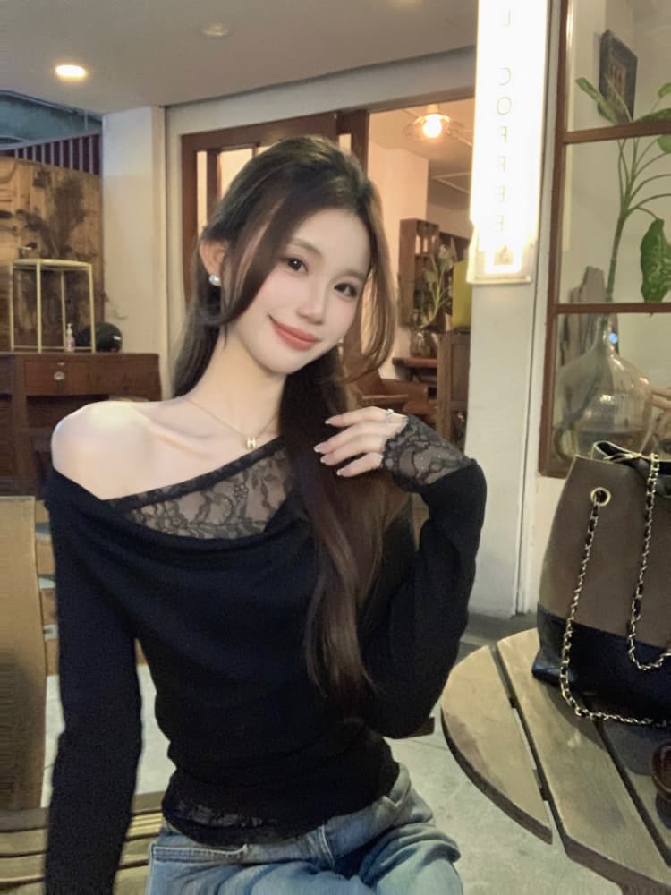 실사 정가 품격 페이크 레이어드 레이스 레이스 기본 셔츠 여성 부드러운 바람 작은 여자 비스듬한 어깨 순수한 욕망 맨위 상세 이미지 18