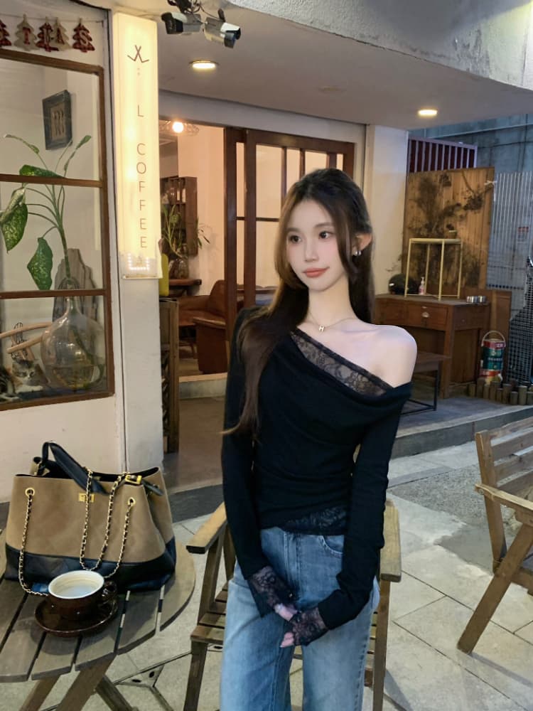 실사 정가 품격 페이크 레이어드 레이스 레이스 기본 셔츠 여성 부드러운 바람 작은 여자 비스듬한 어깨 순수한 욕망 맨위 상세 이미지 19