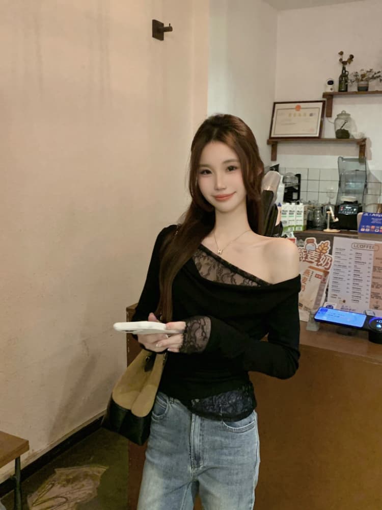 실사 정가 품격 페이크 레이어드 레이스 레이스 기본 셔츠 여성 부드러운 바람 작은 여자 비스듬한 어깨 순수한 욕망 맨위 상세 이미지 20