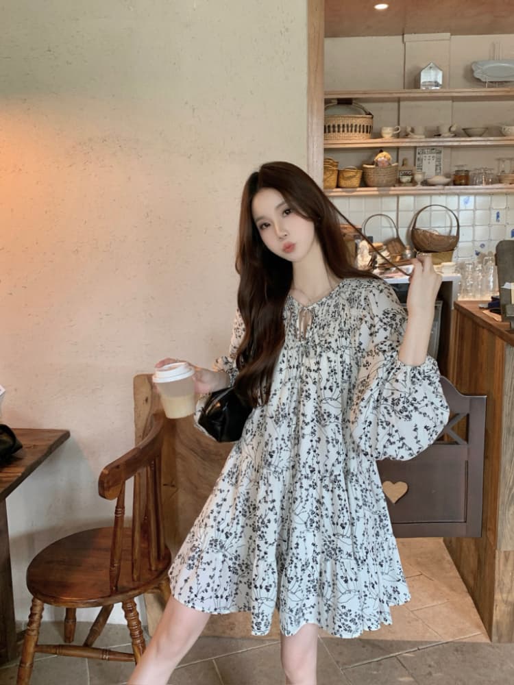 실사 정가 가을 프랑스식 꽃무늬 긴팔 여성 드레스 한 부서 레트로 슬림해 보이는 다용도 한 마디 치마 트렌디 상세 이미지 2
