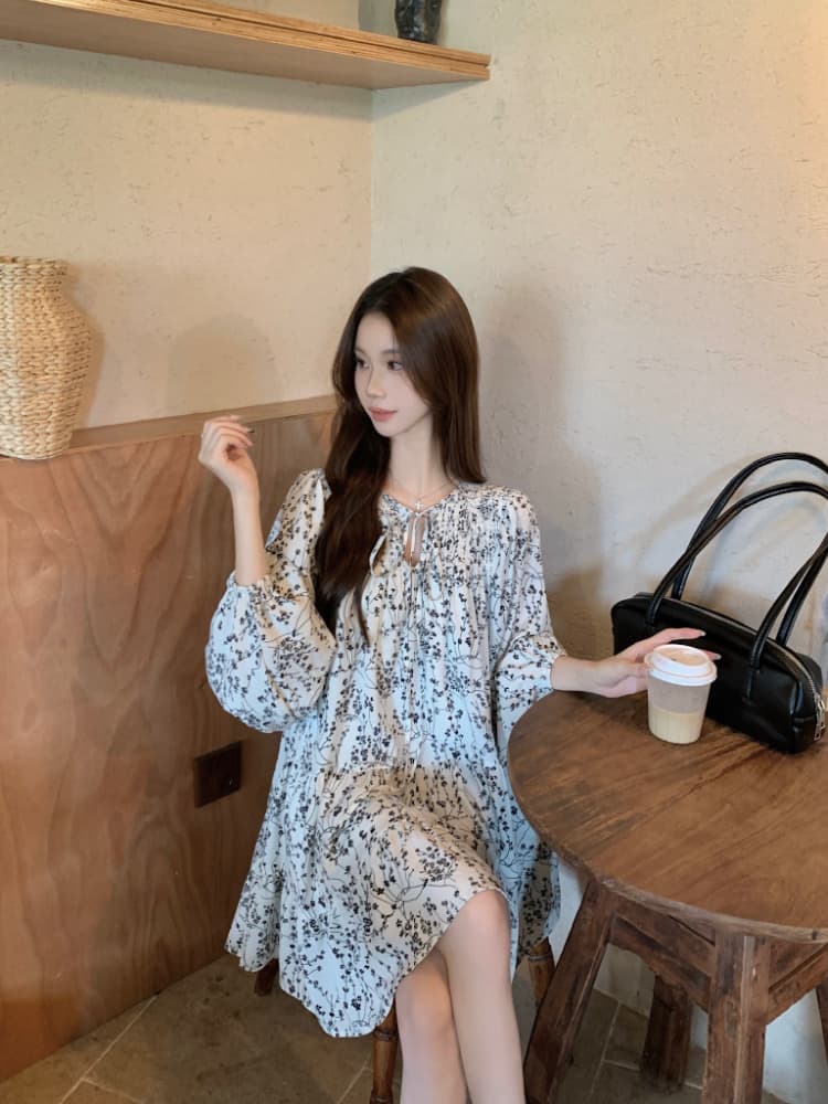실사 정가 가을 프랑스식 꽃무늬 긴팔 여성 드레스 한 부서 레트로 슬림해 보이는 다용도 한 마디 치마 트렌디 상세 이미지 3