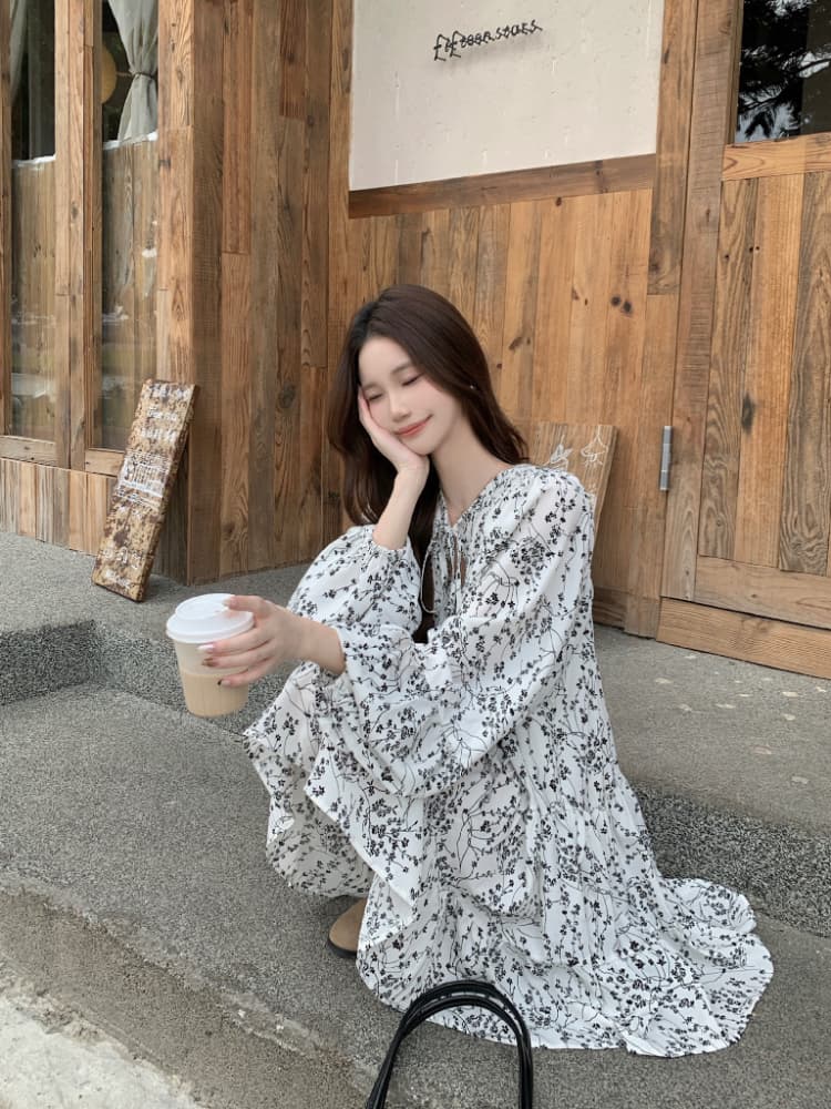 실사 정가 가을 프랑스식 꽃무늬 긴팔 여성 드레스 한 부서 레트로 슬림해 보이는 다용도 한 마디 치마 트렌디 상세 이미지 4