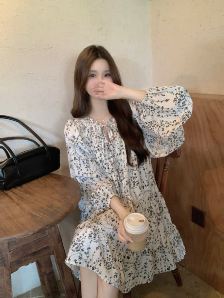 실사 정가 가을 프랑스식 꽃무늬 긴팔 여성 드레스 한 부서 레트로 슬림해 보이는 다용도 한 마디 치마 트렌디 상세 이미지 9