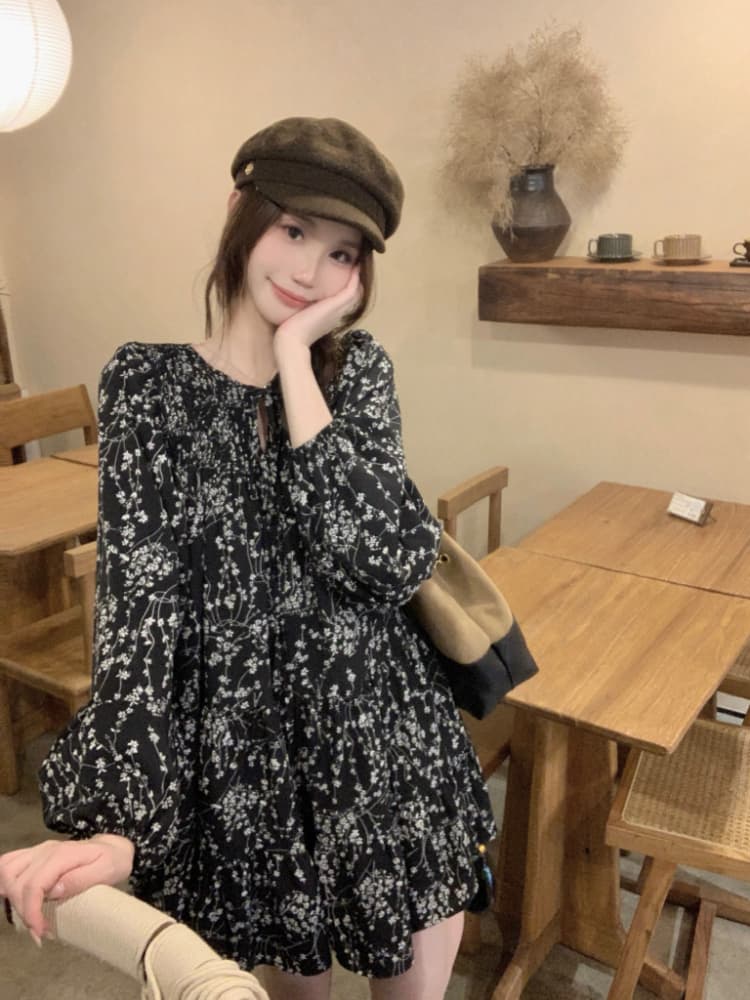 실사 정가 가을 프랑스식 꽃무늬 긴팔 여성 드레스 한 부서 레트로 슬림해 보이는 다용도 한 마디 치마 트렌디 상세 이미지 13