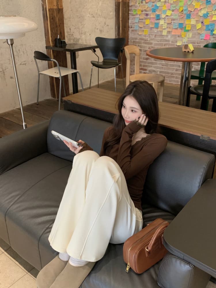 실사 정가 겨울 새로운 털이 있고 두꺼운 하이웨이스트 루즈핏 좁은 에디션 와이드 레그 팬츠 보온 바닥 청소 모직 긴 바지 상세 이미지 13