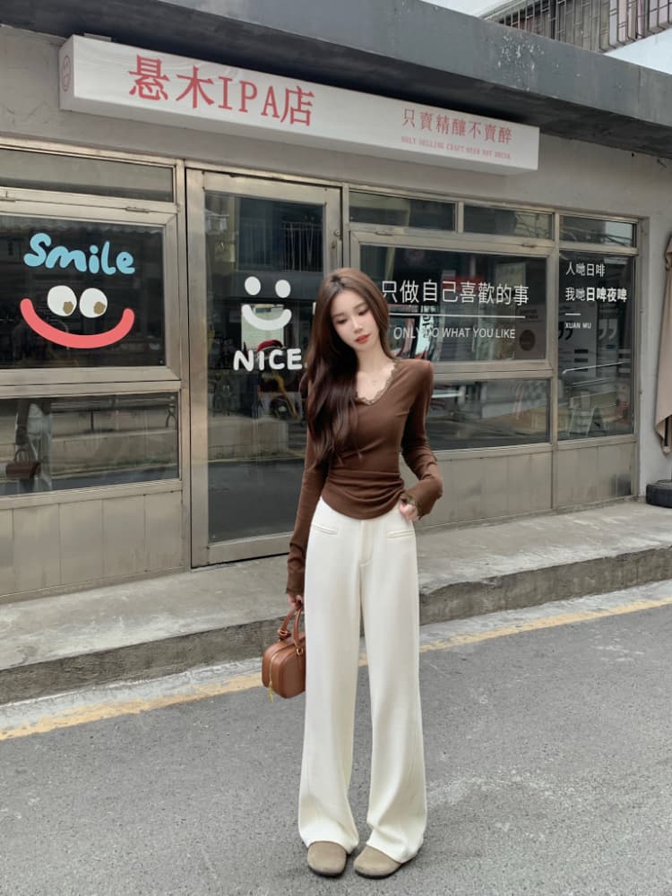 실사 정가 겨울 새로운 털이 있고 두꺼운 하이웨이스트 루즈핏 좁은 에디션 와이드 레그 팬츠 보온 바닥 청소 모직 긴 바지 상세 이미지 14