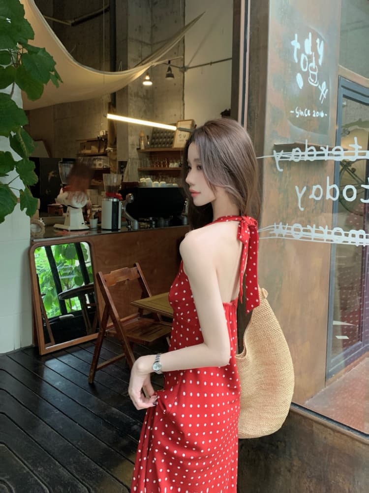 실사 정가 프랑스식 레트로 품격 V넥 행침 목 여성 드레스 빨간색 도트 무늬 스트랩 조끼 롱 스커트 여름 상세 이미지 5