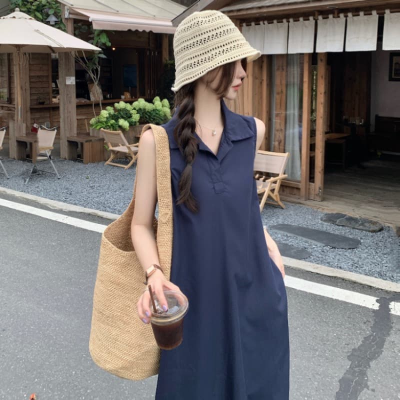 실사 정가 한 부서 미니멀리즘 POLO 칼라 민소매 여성 드레스 루즈핏 품격 조끼 스커트 느슨함 센스 롱 스커트 이미지 5