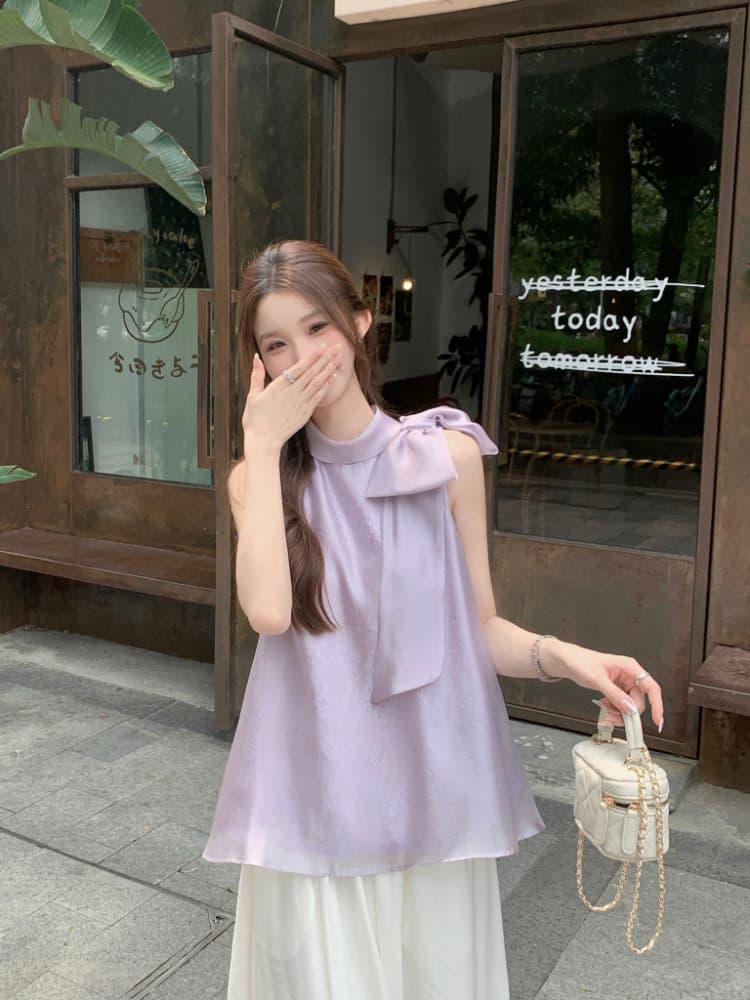 실사 정가 프랑스식 품격 달콤한 스타일 스탠드 칼라 나비 매듭 루즈핏 자수 살구 색상 행침 목 조끼 맨위 여성 상세 이미지 1