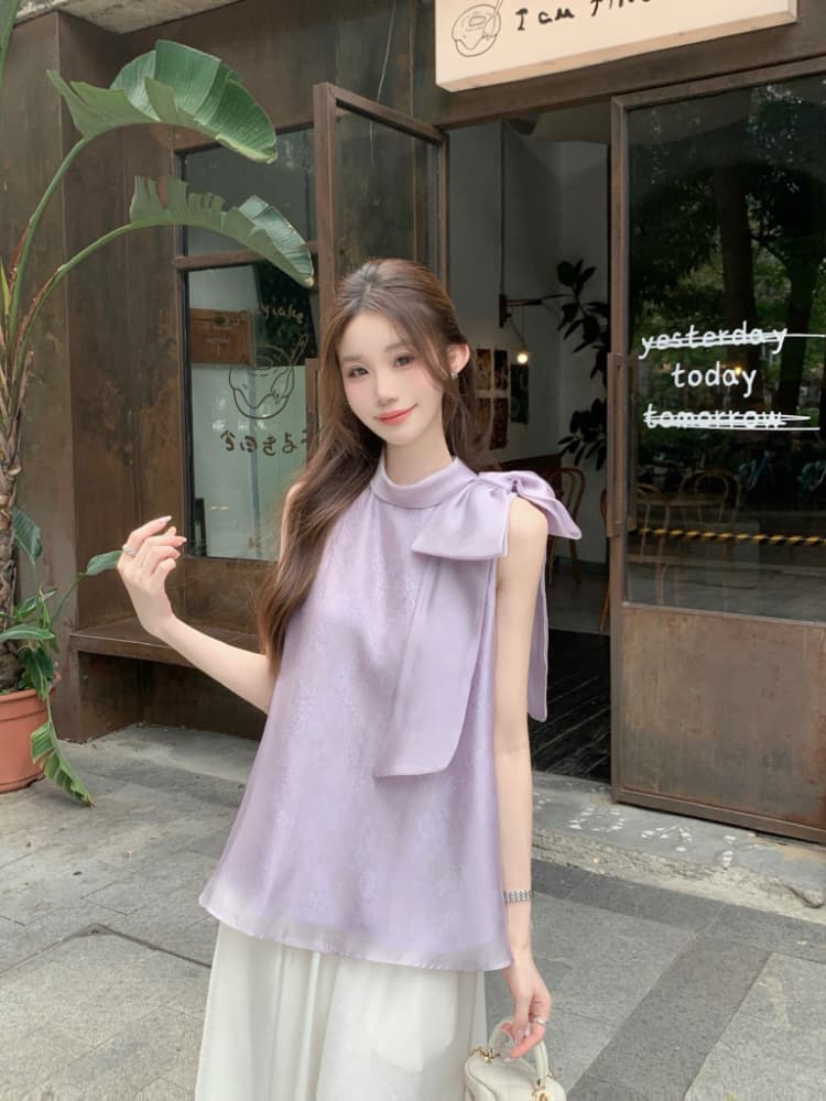 실사 정가 프랑스식 품격 달콤한 스타일 스탠드 칼라 나비 매듭 루즈핏 자수 살구 색상 행침 목 조끼 맨위 여성 상세 이미지 2
