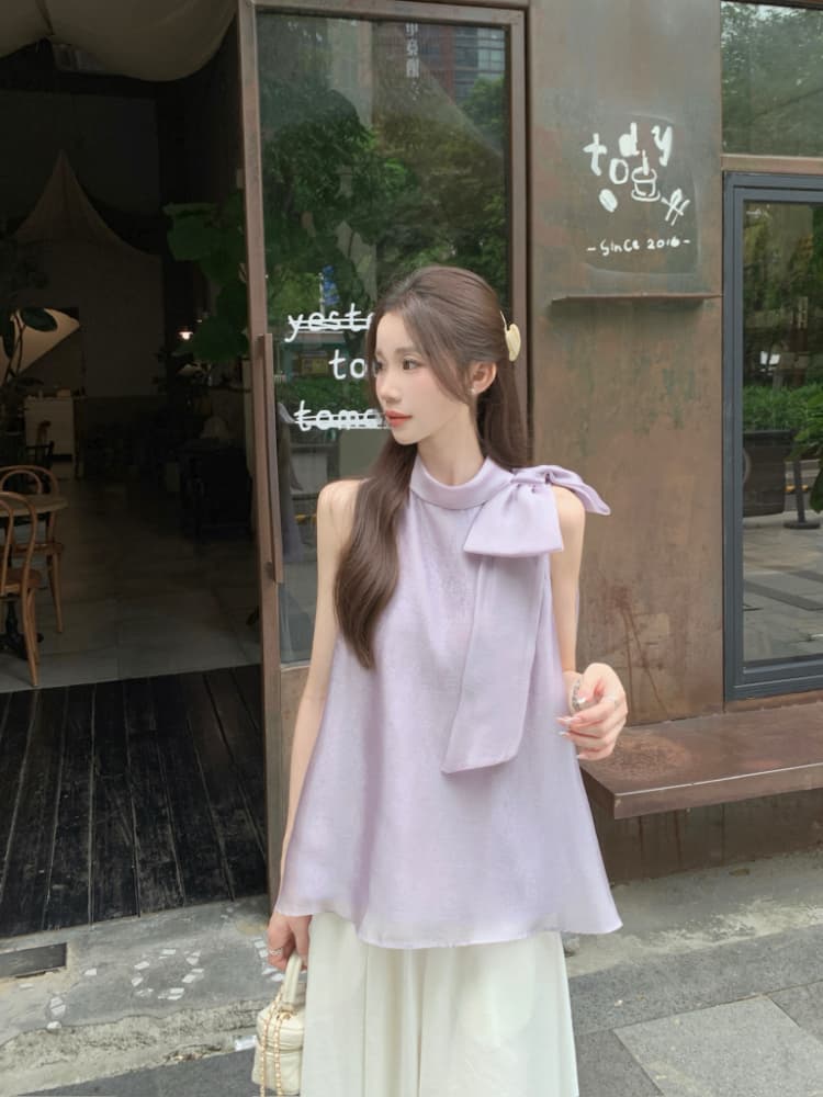 실사 정가 프랑스식 품격 달콤한 스타일 스탠드 칼라 나비 매듭 루즈핏 자수 살구 색상 행침 목 조끼 맨위 여성 상세 이미지 4