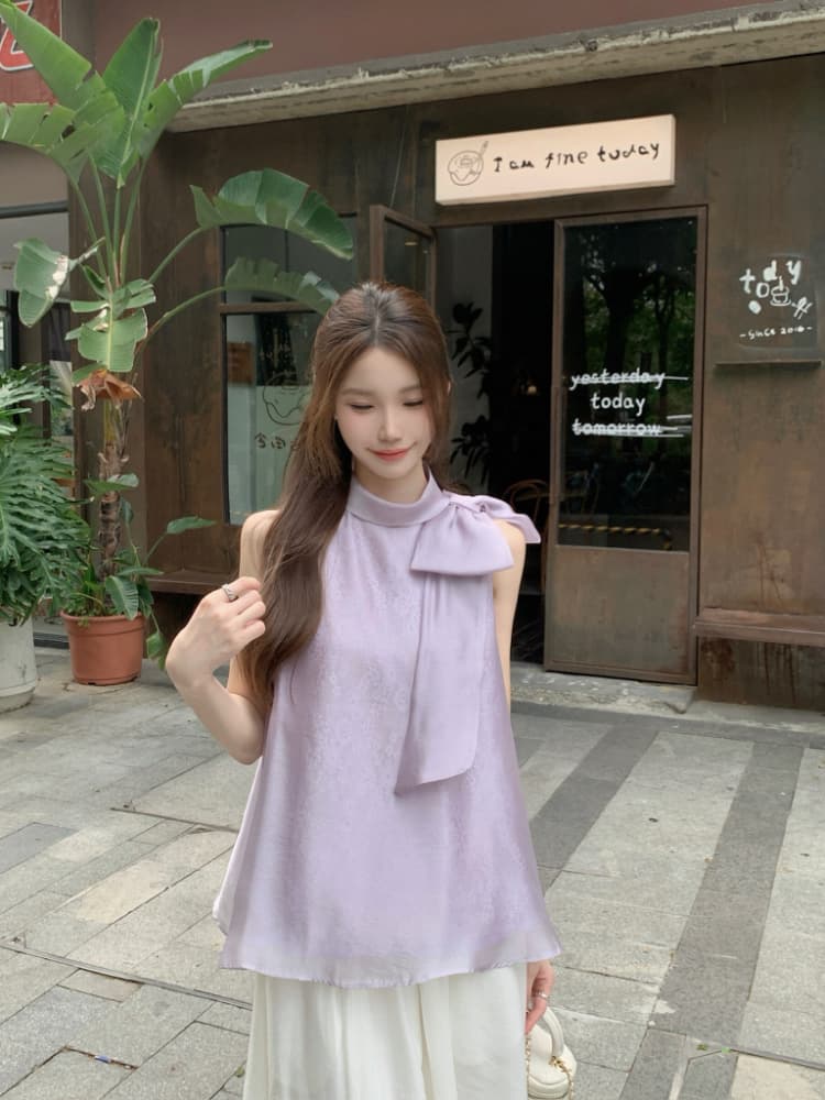 실사 정가 프랑스식 품격 달콤한 스타일 스탠드 칼라 나비 매듭 루즈핏 자수 살구 색상 행침 목 조끼 맨위 여성 상세 이미지 6