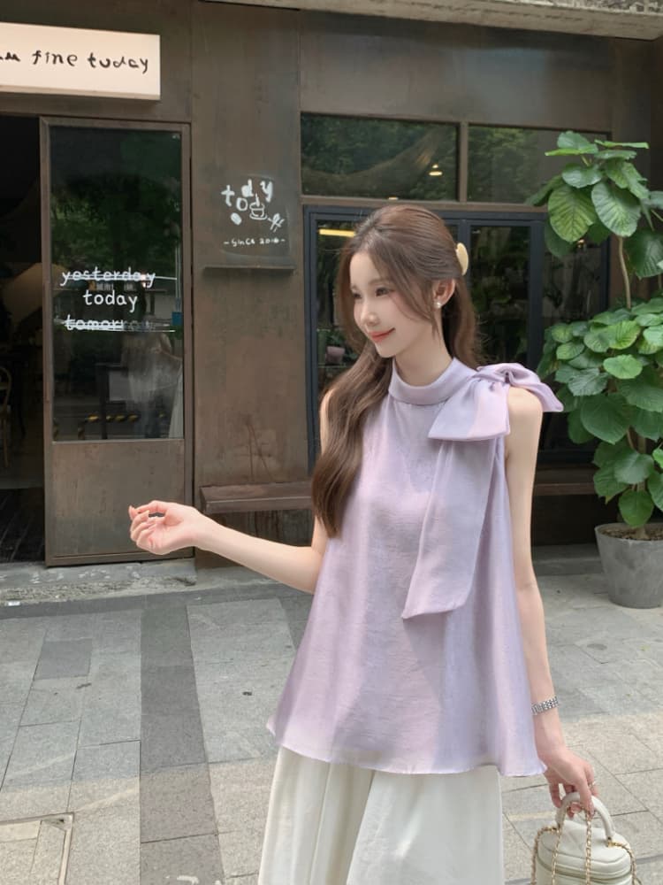 실사 정가 프랑스식 품격 달콤한 스타일 스탠드 칼라 나비 매듭 루즈핏 자수 살구 색상 행침 목 조끼 맨위 여성 상세 이미지 7