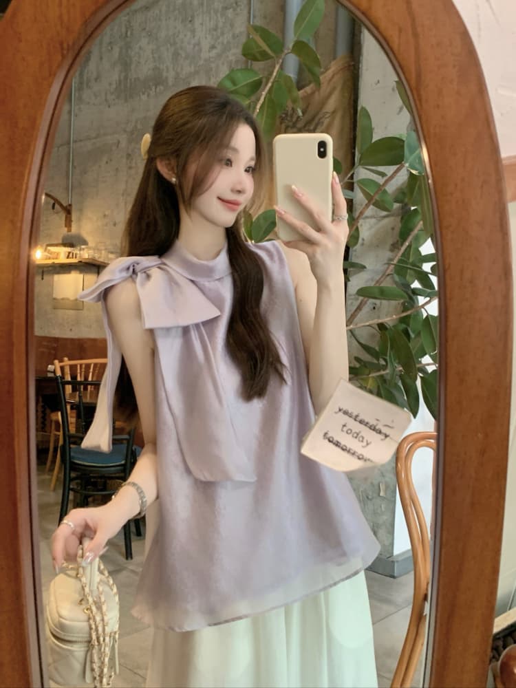 실사 정가 프랑스식 품격 달콤한 스타일 스탠드 칼라 나비 매듭 루즈핏 자수 살구 색상 행침 목 조끼 맨위 여성 상세 이미지 9