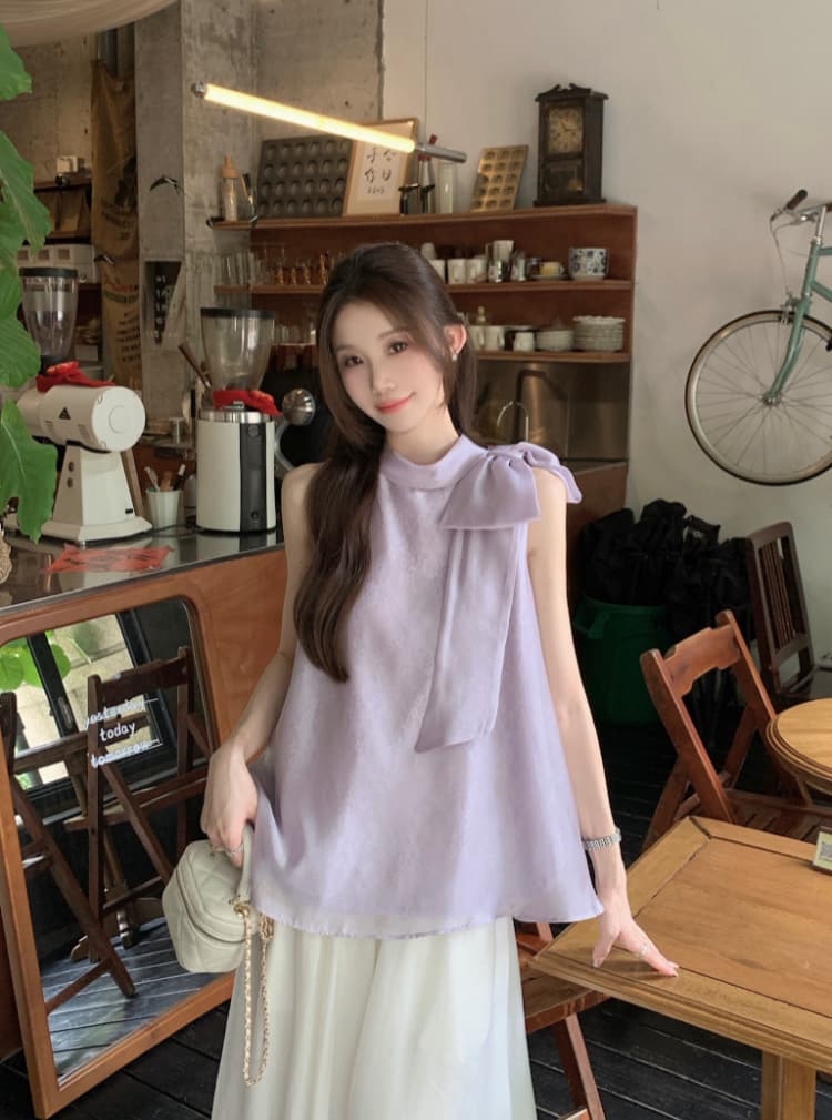 실사 정가 프랑스식 품격 달콤한 스타일 스탠드 칼라 나비 매듭 루즈핏 자수 살구 색상 행침 목 조끼 맨위 여성 상세 이미지 10