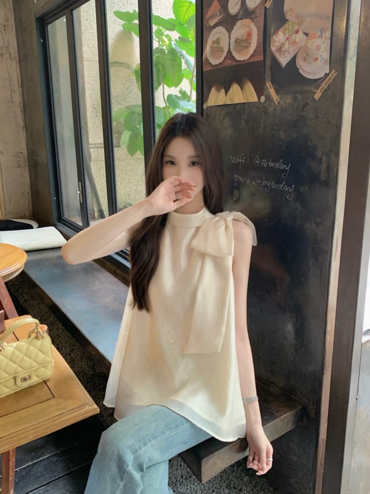 실사 정가 프랑스식 품격 달콤한 스타일 스탠드 칼라 나비 매듭 루즈핏 자수 살구 색상 행침 목 조끼 맨위 여성 상세 이미지 12