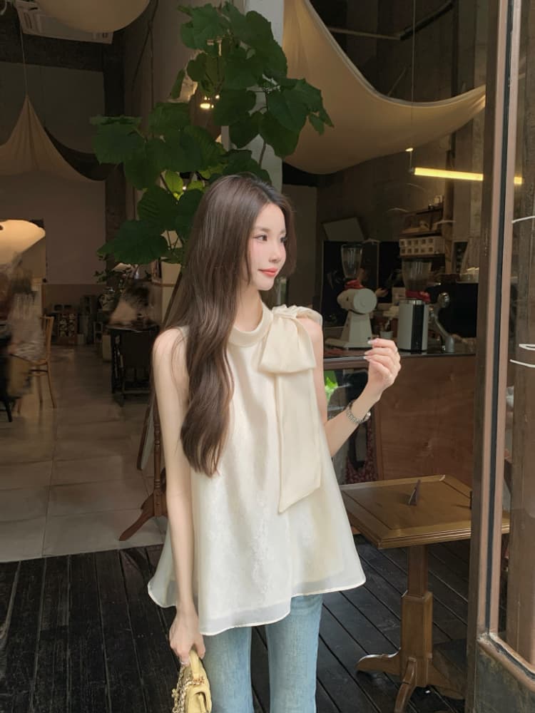 실사 정가 프랑스식 품격 달콤한 스타일 스탠드 칼라 나비 매듭 루즈핏 자수 살구 색상 행침 목 조끼 맨위 여성 상세 이미지 13