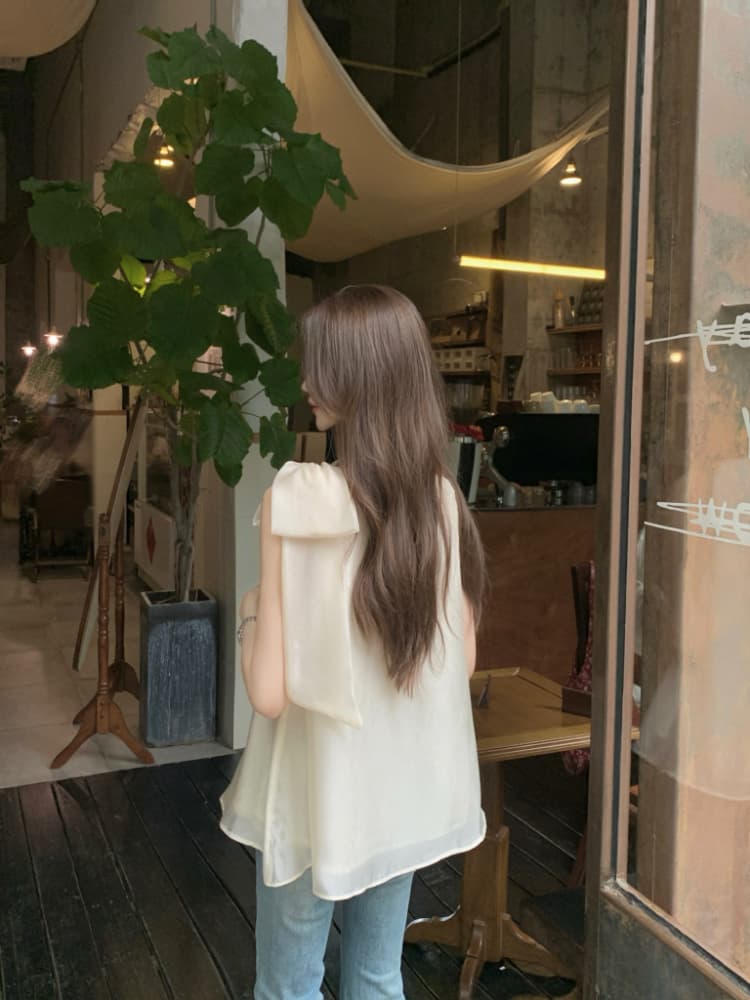 실사 정가 프랑스식 품격 달콤한 스타일 스탠드 칼라 나비 매듭 루즈핏 자수 살구 색상 행침 목 조끼 맨위 여성 상세 이미지 14