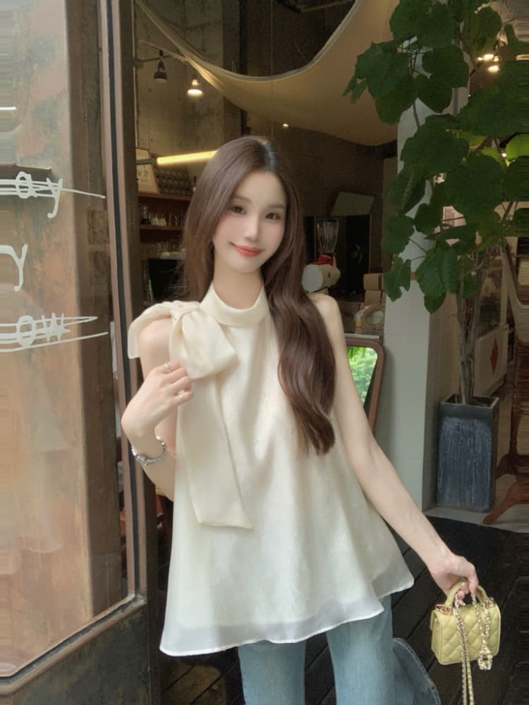 실사 정가 프랑스식 품격 달콤한 스타일 스탠드 칼라 나비 매듭 루즈핏 자수 살구 색상 행침 목 조끼 맨위 여성 상세 이미지 16