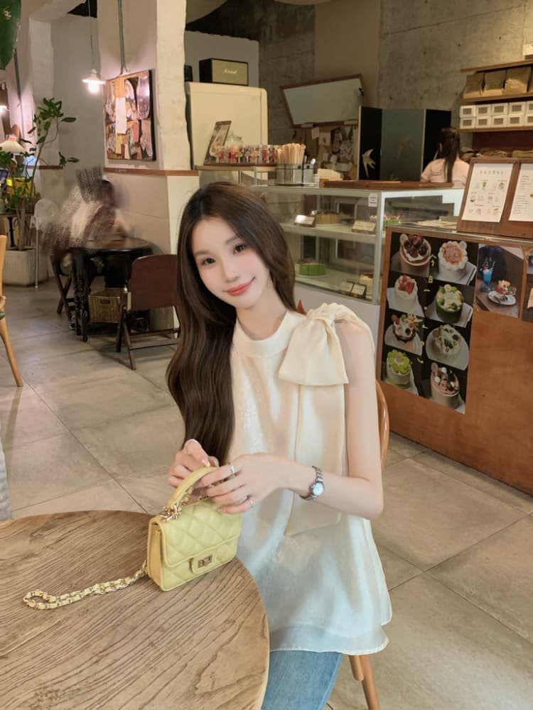 실사 정가 프랑스식 품격 달콤한 스타일 스탠드 칼라 나비 매듭 루즈핏 자수 살구 색상 행침 목 조끼 맨위 여성 상세 이미지 19