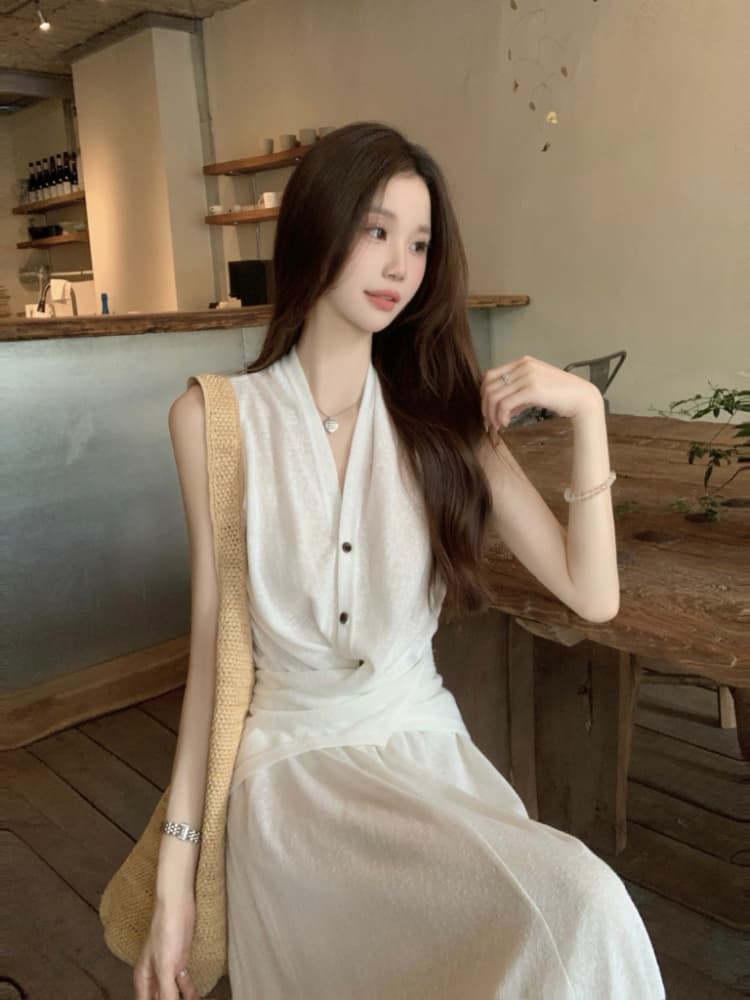 실사 정가 한 부서 품격 십자가 스트랩 허리 수축 작은 셔츠 민소매 조끼 하이웨이스트 한 마디 반신 치마 세트 상세 이미지 1