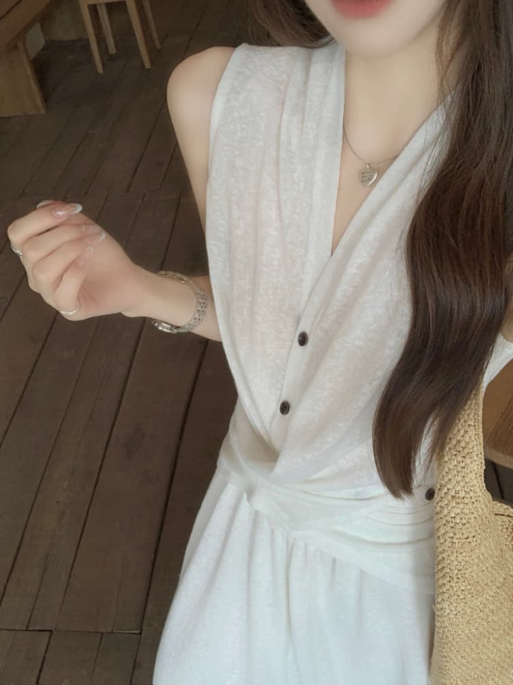실사 정가 한 부서 품격 십자가 스트랩 허리 수축 작은 셔츠 민소매 조끼 하이웨이스트 한 마디 반신 치마 세트 상세 이미지 2