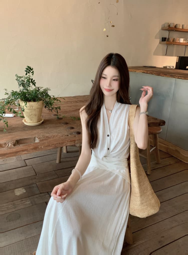 실사 정가 한 부서 품격 십자가 스트랩 허리 수축 작은 셔츠 민소매 조끼 하이웨이스트 한 마디 반신 치마 세트 상세 이미지 12