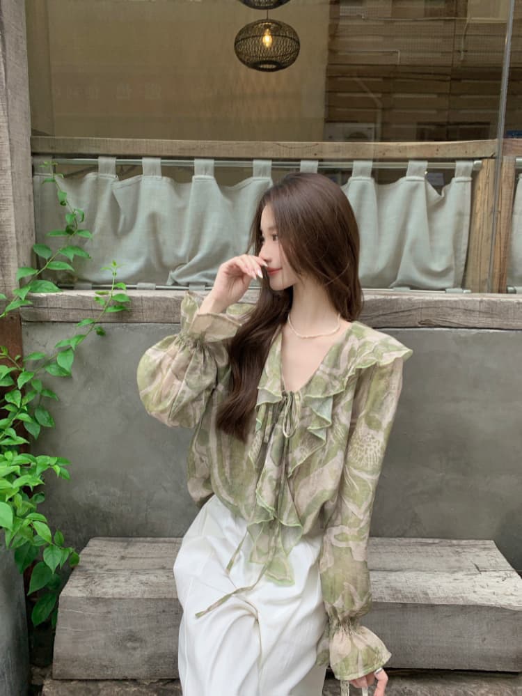 실사 정가 프랑스식 레트로 쉬폰 셔츠 여성 긴 소매 V넥 프릴 슬림해 보이는 품격 맨위 얇은 스타일 작은 셔츠 상세 이미지 1