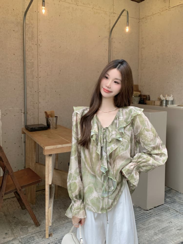 실사 정가 프랑스식 레트로 쉬폰 셔츠 여성 긴 소매 V넥 프릴 슬림해 보이는 품격 맨위 얇은 스타일 작은 셔츠 상세 이미지 4