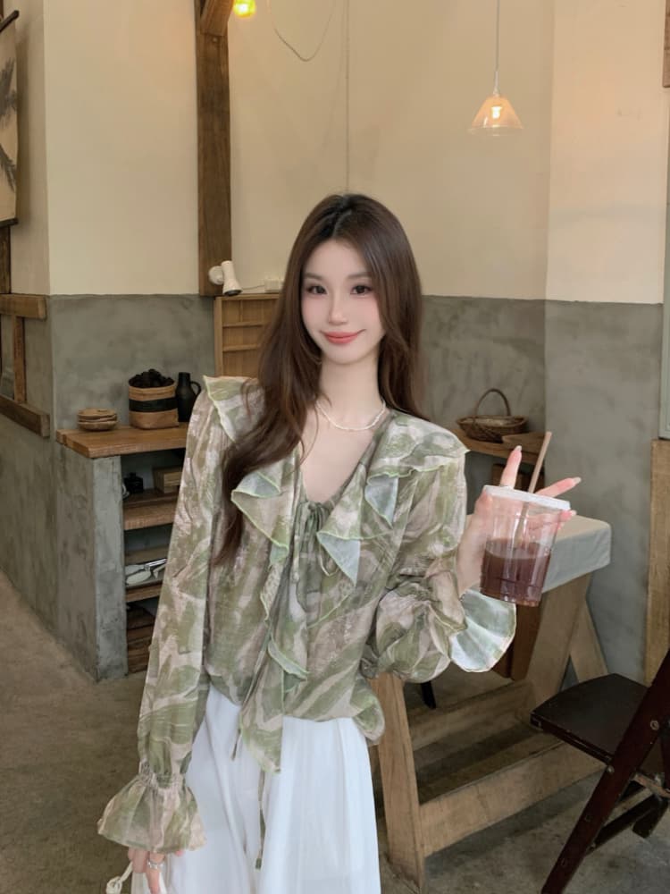 실사 정가 프랑스식 레트로 쉬폰 셔츠 여성 긴 소매 V넥 프릴 슬림해 보이는 품격 맨위 얇은 스타일 작은 셔츠 상세 이미지 8