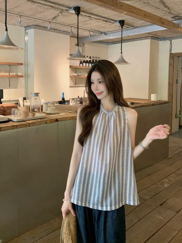 실사 정가 한 부서 스트라이프 행침 목 흔들다 칼라 캐미솔 슬림해 보이는 고급 센스 민소매 외출용 맨위 트렌디 상세 이미지 1