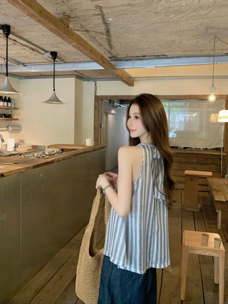 실사 정가 한 부서 스트라이프 행침 목 흔들다 칼라 캐미솔 슬림해 보이는 고급 센스 민소매 외출용 맨위 트렌디 상세 이미지 2