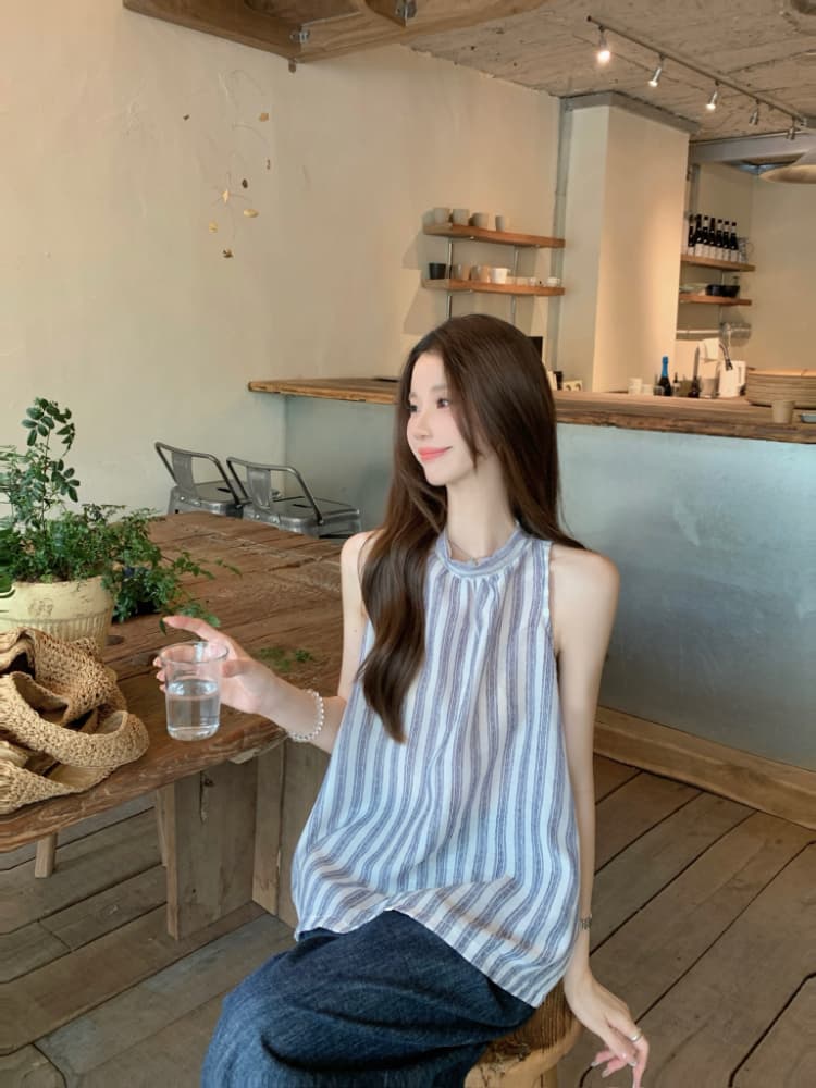 실사 정가 한 부서 스트라이프 행침 목 흔들다 칼라 캐미솔 슬림해 보이는 고급 센스 민소매 외출용 맨위 트렌디 상세 이미지 8