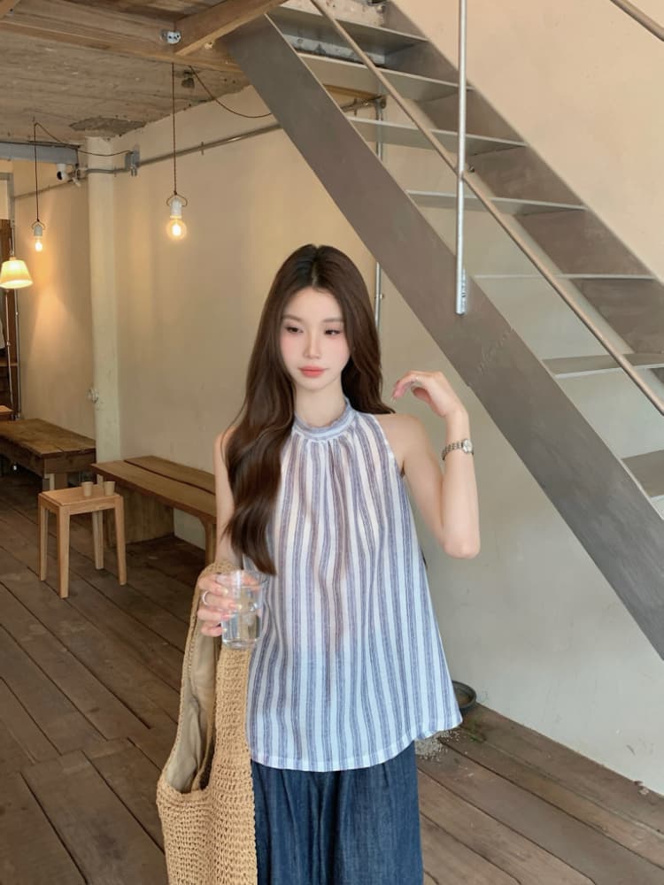 실사 정가 한 부서 스트라이프 행침 목 흔들다 칼라 캐미솔 슬림해 보이는 고급 센스 민소매 외출용 맨위 트렌디 상세 이미지 9