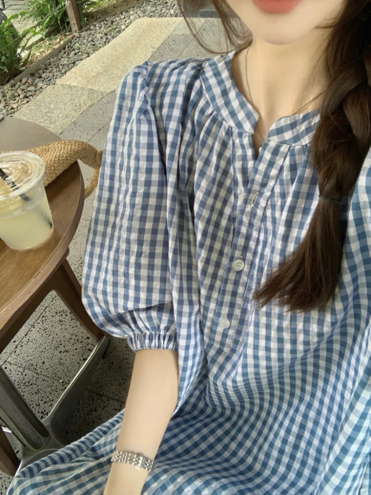 실사 정가 한 부서 레트로 반 개방 칼라 루즈핏 파란색 체크무늬 롱 스커트 여성 5 점 소매 체크무늬 드레스 여름 상세 이미지 5