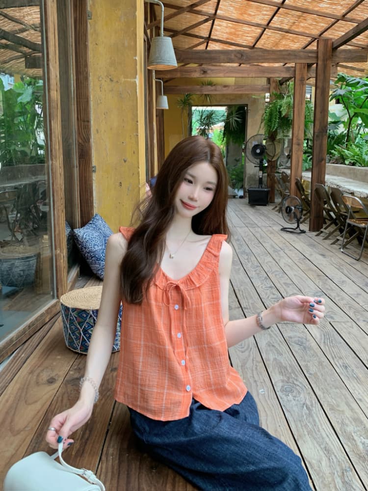 실사 정가 여름 작은 청신 체크무늬 여성 셔츠 한국 스타일 루즈핏 다용도 레이스업 프릴 조끼 맨위 상세 이미지 1