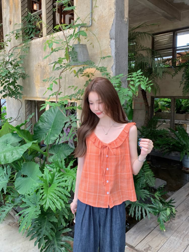 실사 정가 여름 작은 청신 체크무늬 여성 셔츠 한국 스타일 루즈핏 다용도 레이스업 프릴 조끼 맨위 상세 이미지 2