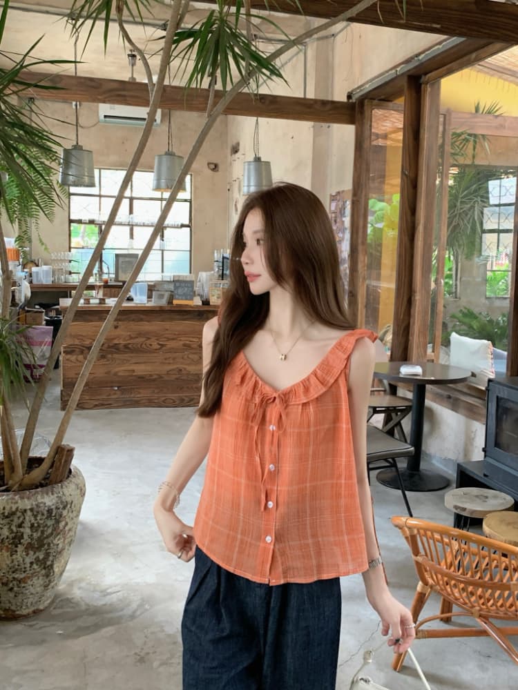 실사 정가 여름 작은 청신 체크무늬 여성 셔츠 한국 스타일 루즈핏 다용도 레이스업 프릴 조끼 맨위 상세 이미지 5