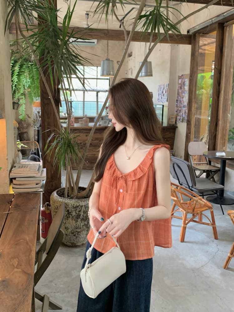 실사 정가 여름 작은 청신 체크무늬 여성 셔츠 한국 스타일 루즈핏 다용도 레이스업 프릴 조끼 맨위 상세 이미지 7