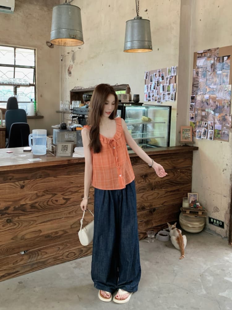 실사 정가 여름 작은 청신 체크무늬 여성 셔츠 한국 스타일 루즈핏 다용도 레이스업 프릴 조끼 맨위 상세 이미지 9