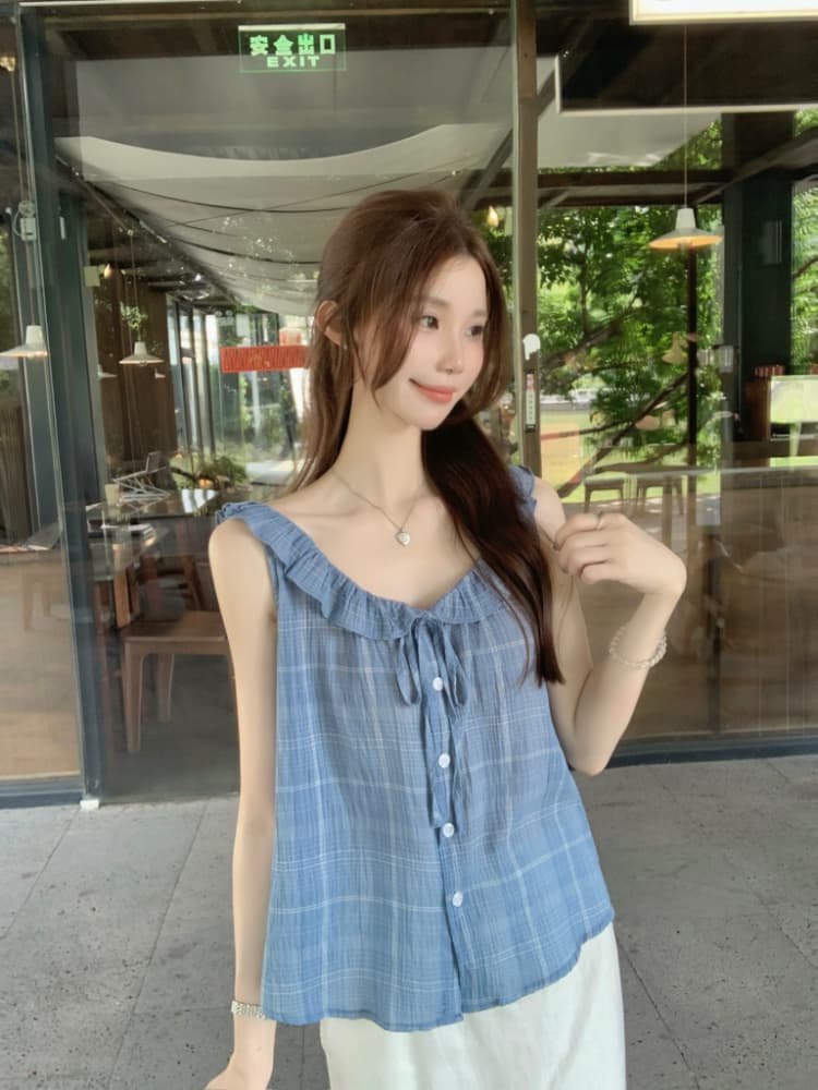 실사 정가 여름 작은 청신 체크무늬 여성 셔츠 한국 스타일 루즈핏 다용도 레이스업 프릴 조끼 맨위 상세 이미지 11