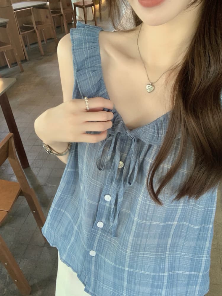 실사 정가 여름 작은 청신 체크무늬 여성 셔츠 한국 스타일 루즈핏 다용도 레이스업 프릴 조끼 맨위 상세 이미지 12