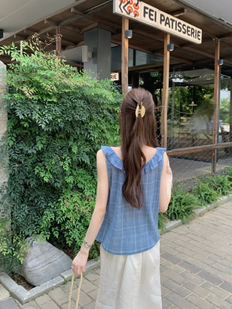 실사 정가 여름 작은 청신 체크무늬 여성 셔츠 한국 스타일 루즈핏 다용도 레이스업 프릴 조끼 맨위 상세 이미지 15