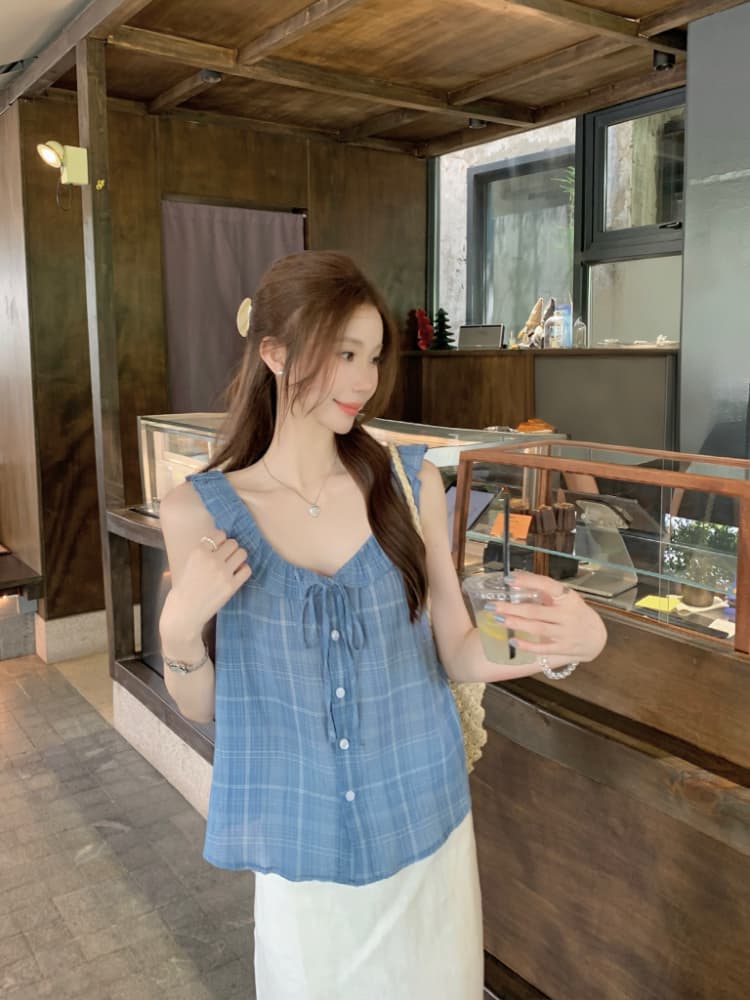 실사 정가 여름 작은 청신 체크무늬 여성 셔츠 한국 스타일 루즈핏 다용도 레이스업 프릴 조끼 맨위 상세 이미지 17