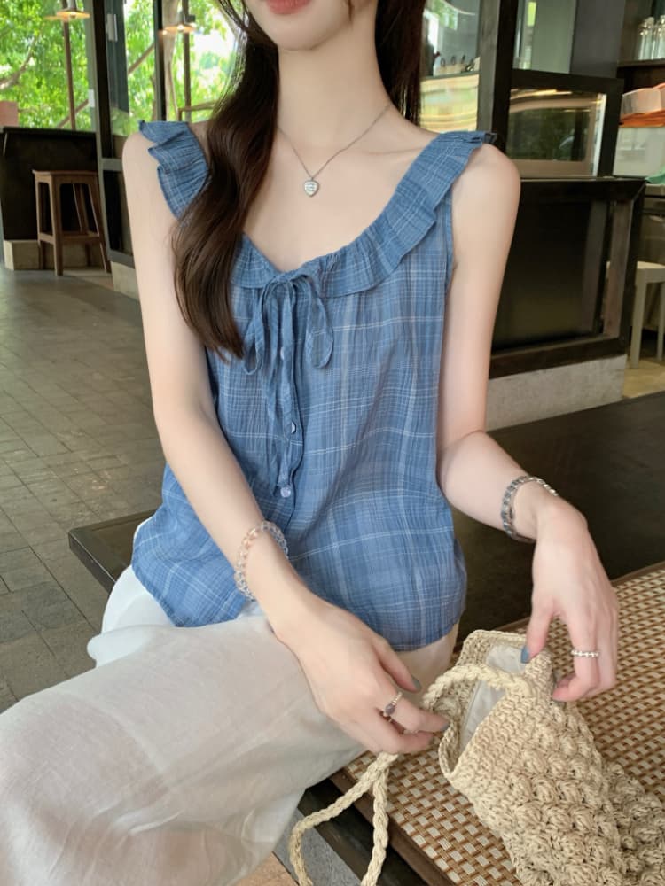 실사 정가 여름 작은 청신 체크무늬 여성 셔츠 한국 스타일 루즈핏 다용도 레이스업 프릴 조끼 맨위 상세 이미지 19