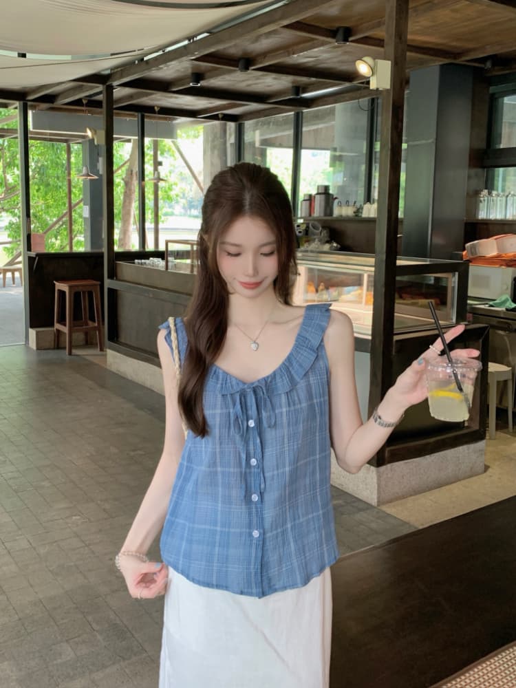 실사 정가 여름 작은 청신 체크무늬 여성 셔츠 한국 스타일 루즈핏 다용도 레이스업 프릴 조끼 맨위 상세 이미지 20