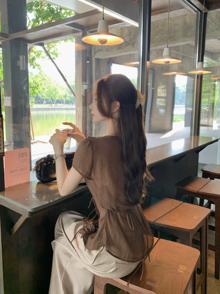 실사 정가 달콤함 레트로 프릴 레이스업 V넥 반팔 여성 셔츠 한국 스타일 품격 쇼트 스타일 맨위 여름 상세 이미지 3