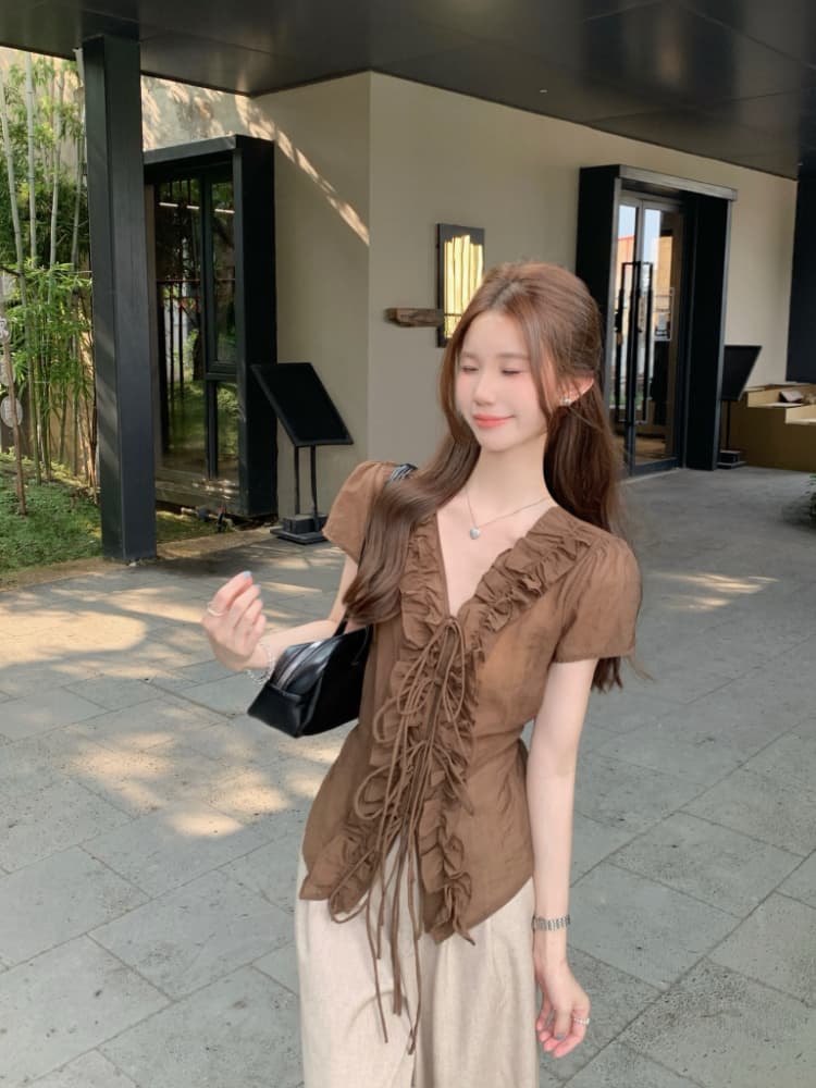 실사 정가 달콤함 레트로 프릴 레이스업 V넥 반팔 여성 셔츠 한국 스타일 품격 쇼트 스타일 맨위 여름 상세 이미지 7
