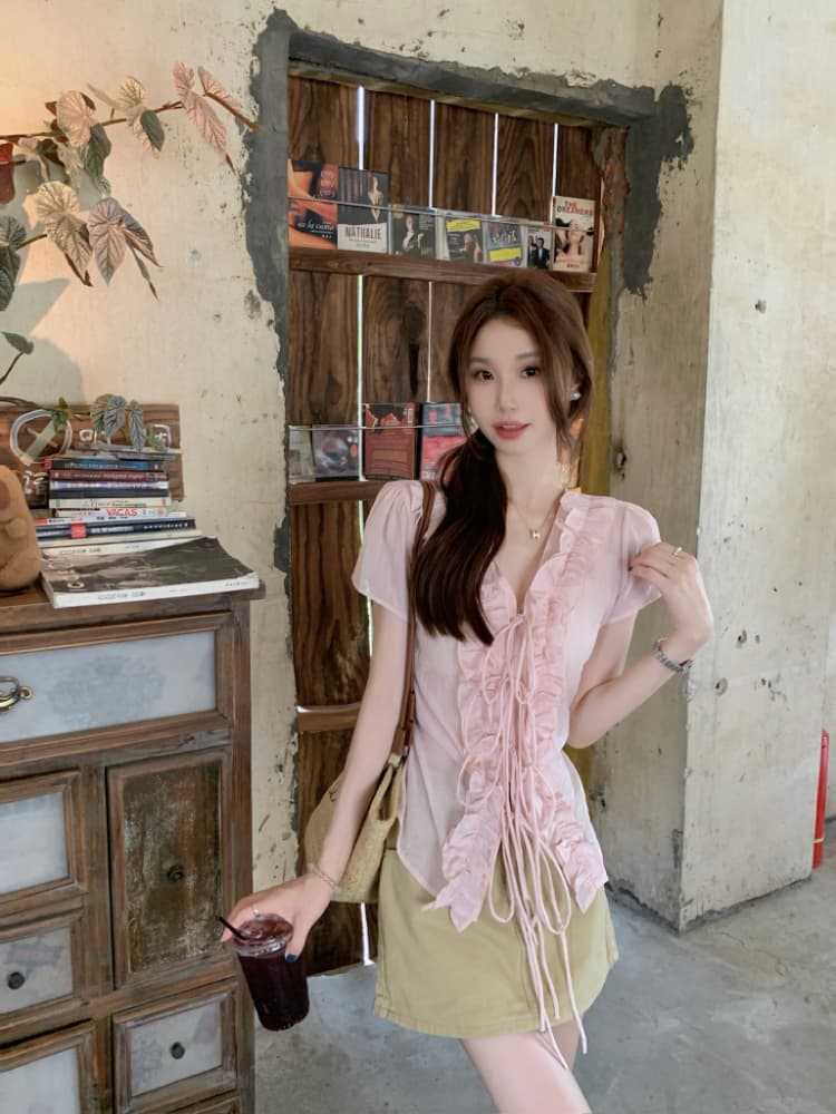 실사 정가 달콤함 레트로 프릴 레이스업 V넥 반팔 여성 셔츠 한국 스타일 품격 쇼트 스타일 맨위 여름 상세 이미지 12