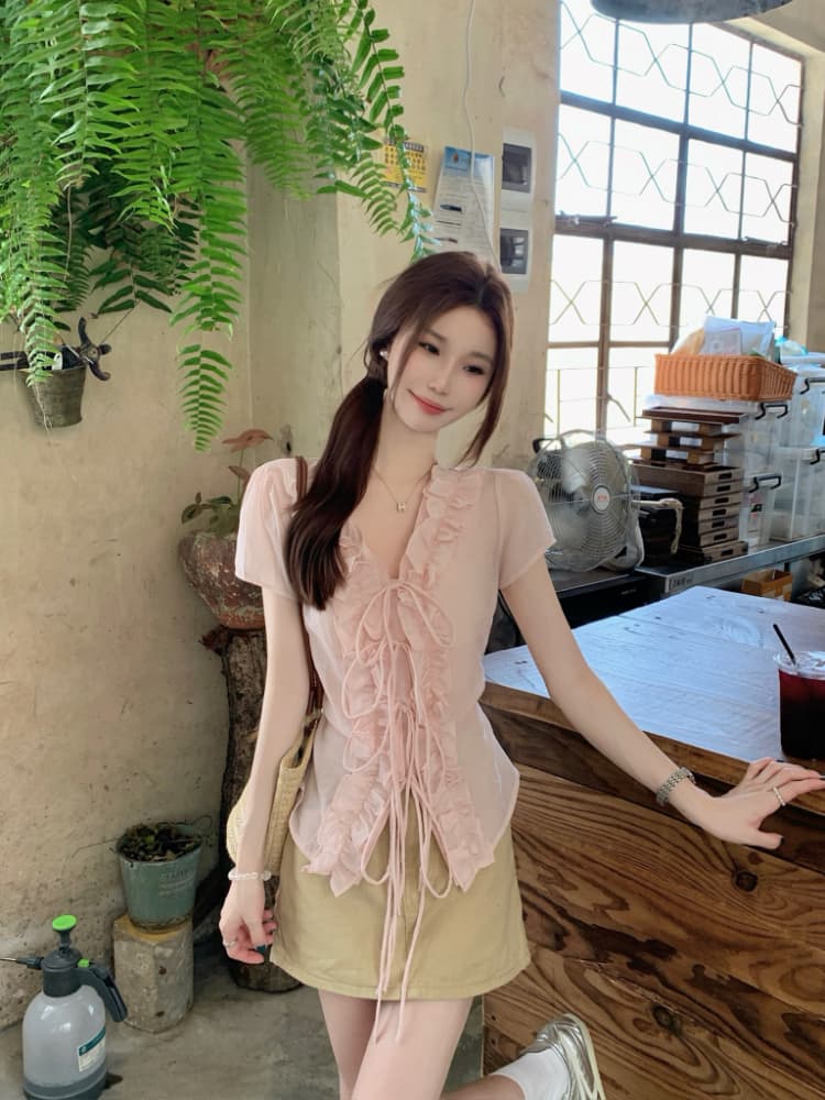 실사 정가 달콤함 레트로 프릴 레이스업 V넥 반팔 여성 셔츠 한국 스타일 품격 쇼트 스타일 맨위 여름 상세 이미지 14